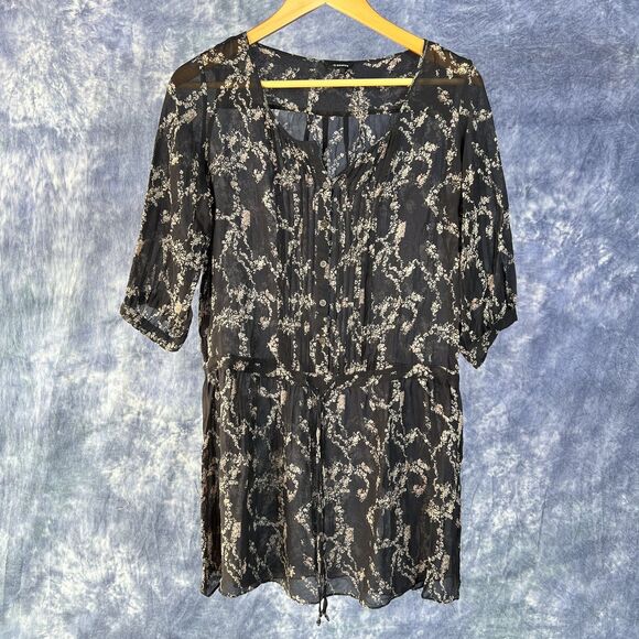 Club Monaco Sheer Tunic Top Black Floral 100% Silk Sz 4 - Picture 1 of 3